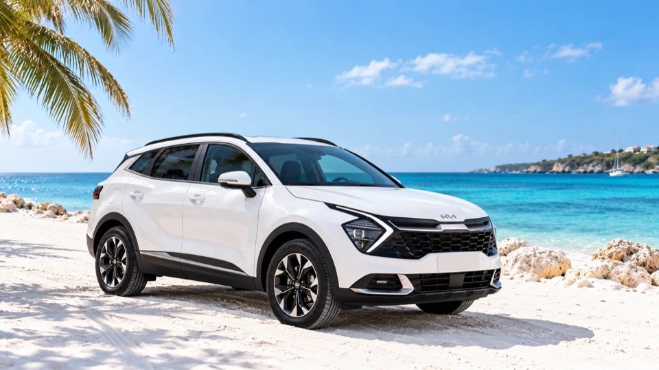 Kia Sportage blanco en una playa de arena blanca en Curazao, con palmeras y mar turquesa